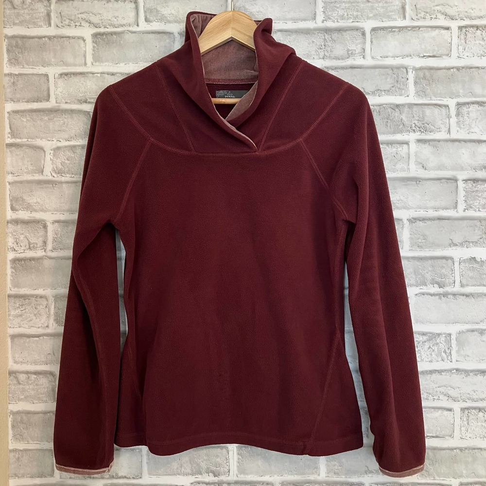 PrAna Women's Maroon Fleece Velvet Shawl Neck Pullover Size Medium Yoga Outdoor